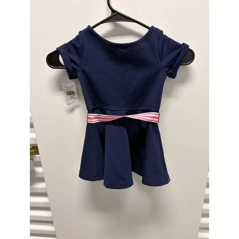 Polo Ralph Lauren Dress Toddler Girls 2T Navy Blue New Striped Sash Pocket Pony